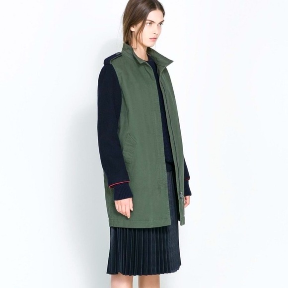 Zara Green Military Straight Cut Cotton Wool Coat - Picture 2 of 7